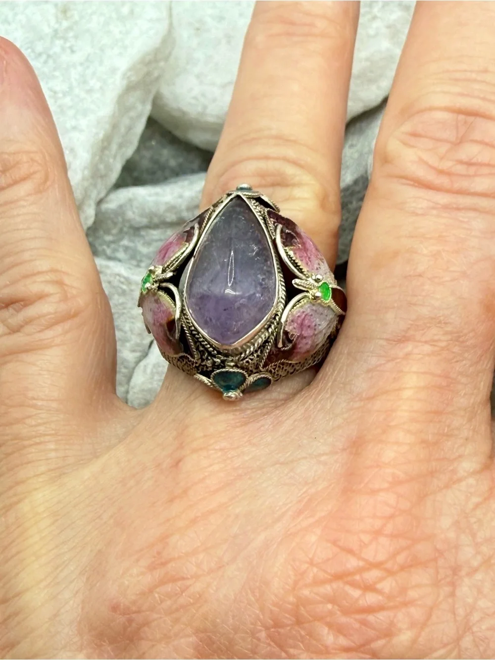 Vintage Chinese Export Sterling Silver Amethyst Enamel Butterfly Ring Size 7 10g